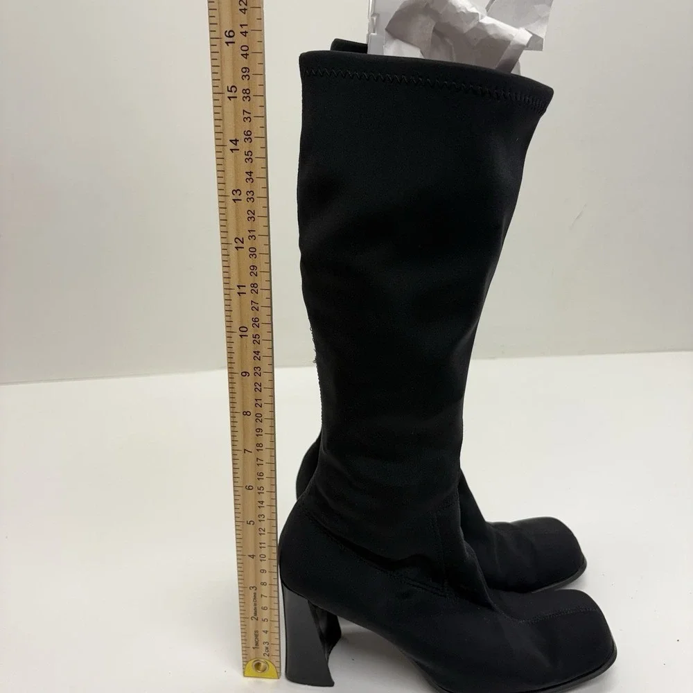 Wesley & Co Vintage 90s Y2K Black Sock Boots Knee High Square Toe Chunky Heel 6 - Picture 10 of 12